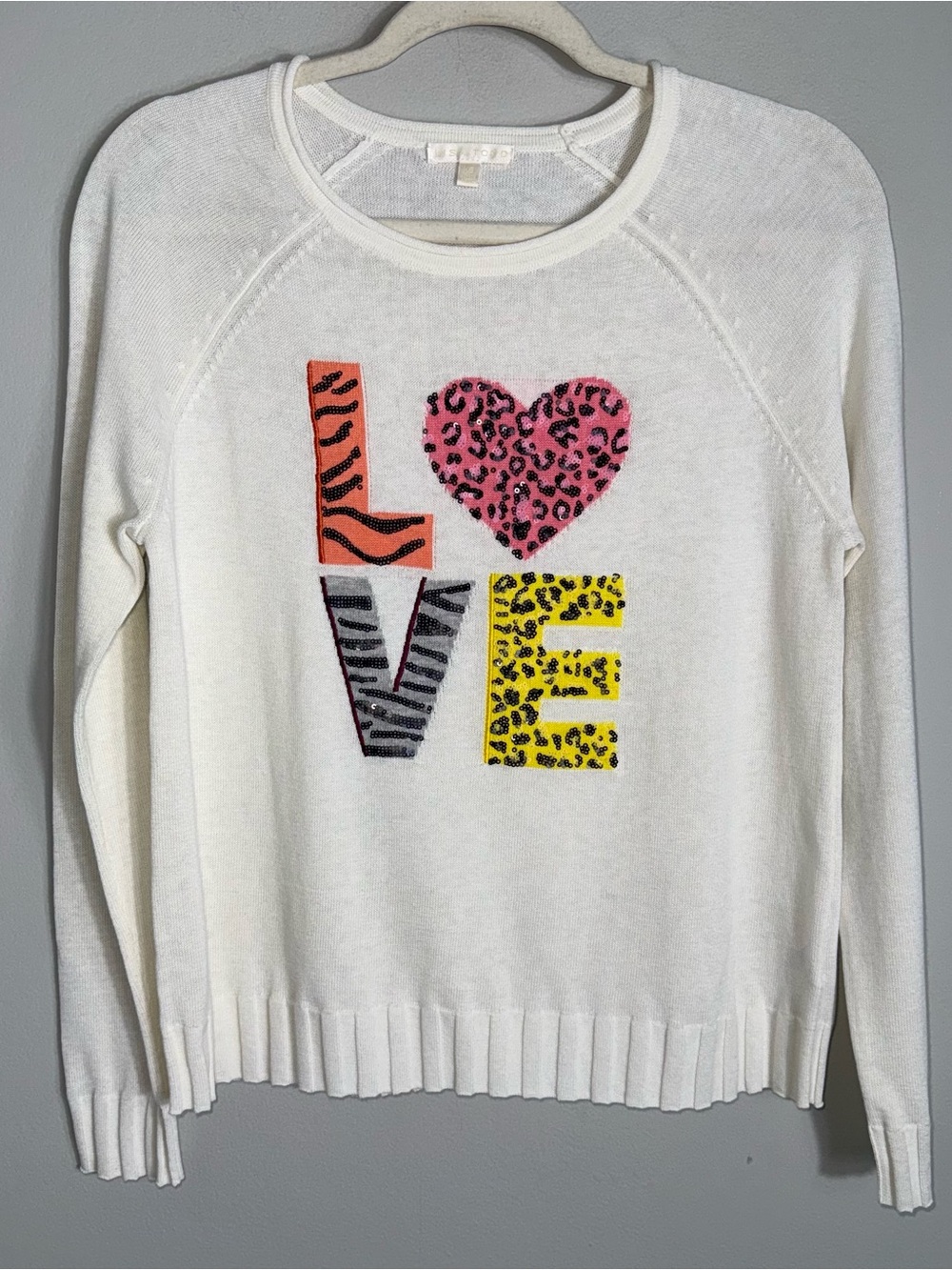 Lisa Todd Pullover Crew Neck Sweater-Ivory-Sequin LOVE-Cotton Blend-XS
